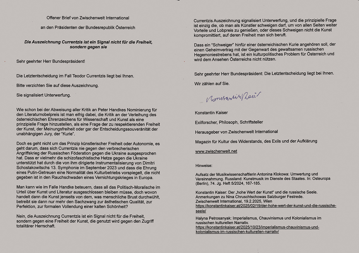 Konstantin Kaisers Brief an Alexander Van der Bellen