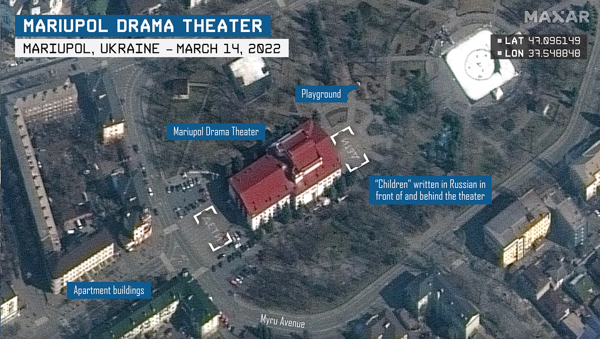 Dramatheater Mariupol am 14. März, vor dem Bombanangriff (MAXAR)